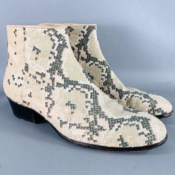 MAISON MARTIN MARGIELA Size 12 Beige Green Embroidery Side Zipper Boots