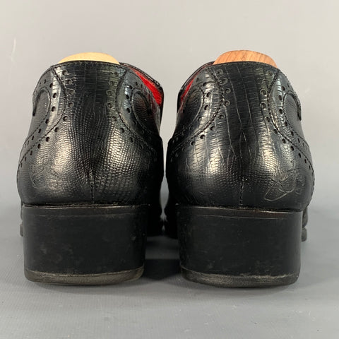 JOHN FLUEVOG Size 9 Black Lizard Embossed Leather Wingtip Chunky Heeled Loafers