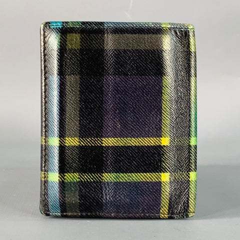 PRADA Green Blue Yellow Plaid Saffiano Leather Card Case Wallet