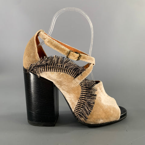 DRIES VAN NOTEN Size 7.5 Tan Black Velvet Fringe Ankle Strap Sandals