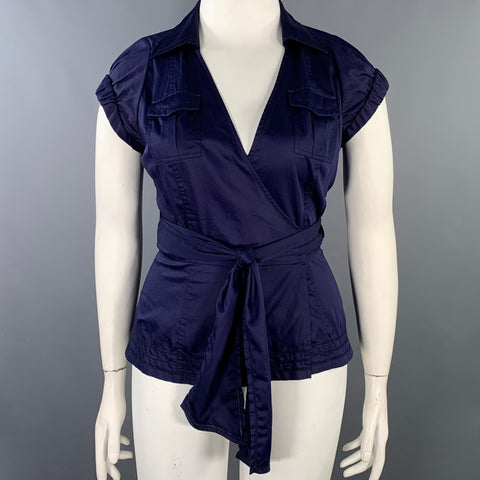 DIANE VON FURSTENBERG Size 10 Gaines Purple Blue Cotton Pleated Wrap Casual Top