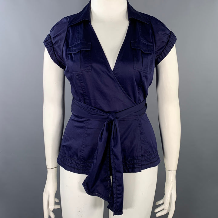 DIANE VON FURSTENBERG Size 10 Gaines Purple Blue Cotton Pleated Wrap Casual Top