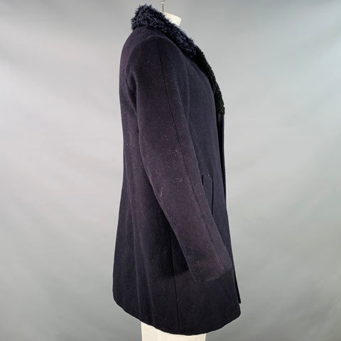 DRIES VAN NOTEN Size 42 Navy Black Wool Blend Faux Fur Collar Coat