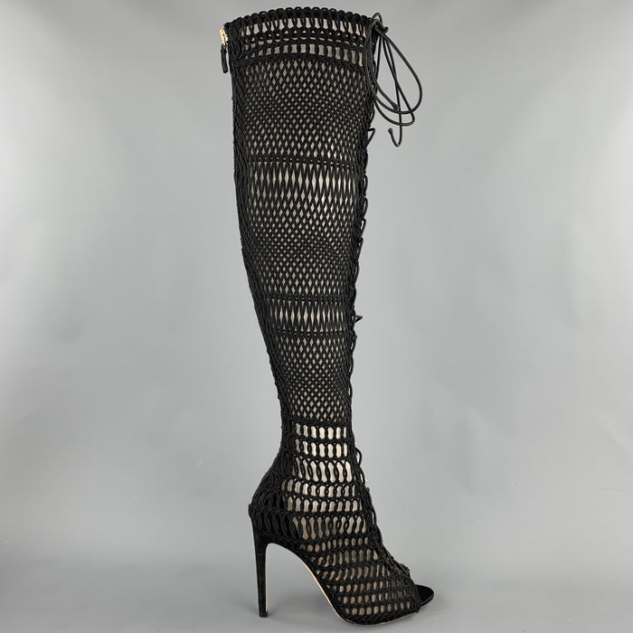 GIAMBATTISTA VALLI Size 7 Black Knitted Suede Knee High Boots