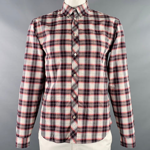MARC by MARC JACOBS Size L Grey Red White Metallic Plaid Cotton Blend Long Sleeve Shirt