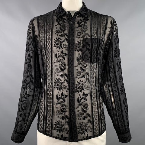 NOON GOONS Size L Black Floral Stripe Burnout One Pocket Long Sleeve Shirt