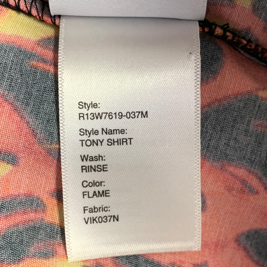 R13 SS20 Size M Orange Yellow Black Flames Viscose One Pocket Short Sleeve Shirt