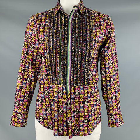 ROBERT GRAHAM Size L Purple Multi-Color Print Ruffled Cotton Button Up Long Sleeve Shirt