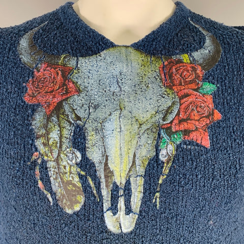 KLURK Size L Blue Multi Color Graphic Wool V-Neck Sweater