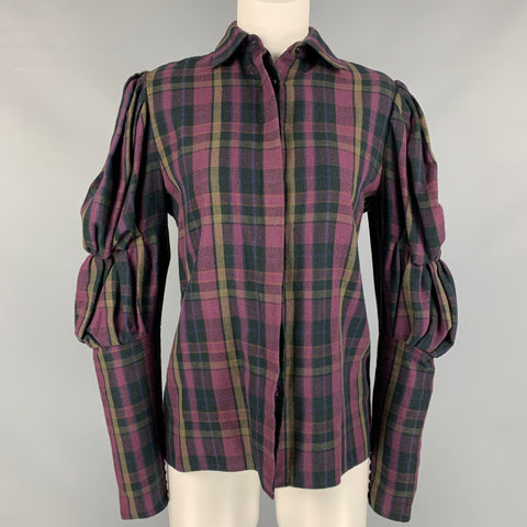 RALPH LAUREN Collection Size 4 Purple & Taupe Plaid Cotton Blouse
