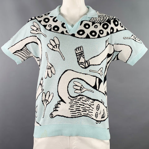 CURUBA Size XL Blue Black White Graphic Acrylic Open Collar Polo