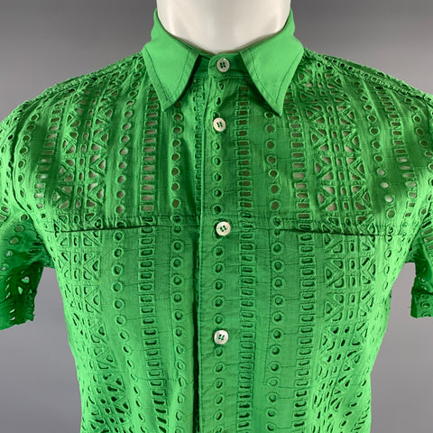 MR TURK Size XS Green Lace Cotton Pointed Collar Short Sleeve Shirt