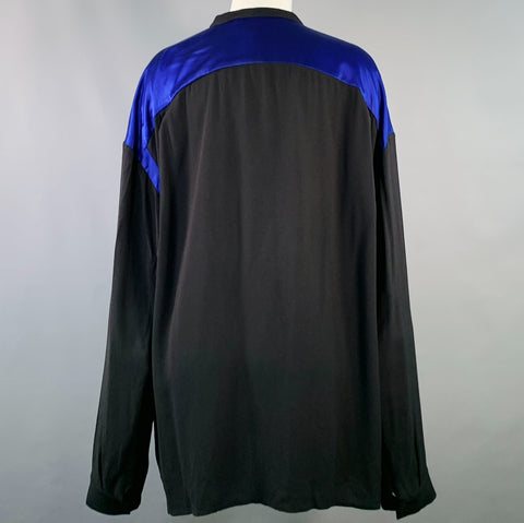 HAIDER ACKERMANN Size M Black Blue Viscose Silk Nehru Collar Hidden Buttons Shirt
