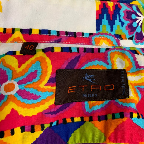 ETRO Size M White Multi-Color Print Cotton Button Up Long Sleeve Shirt