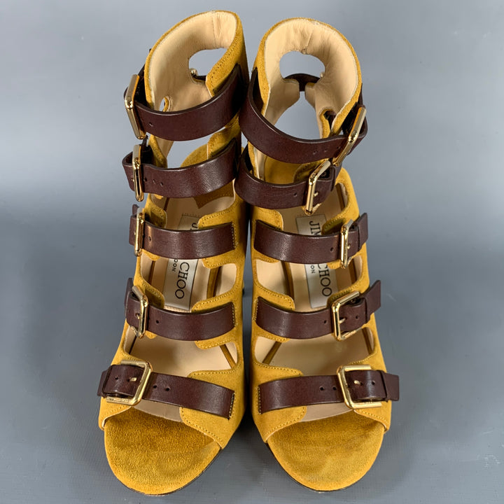 JIMMY CHOO Size 4.5 Yellow Brown Suede Buckle Stiletto Cage Boots