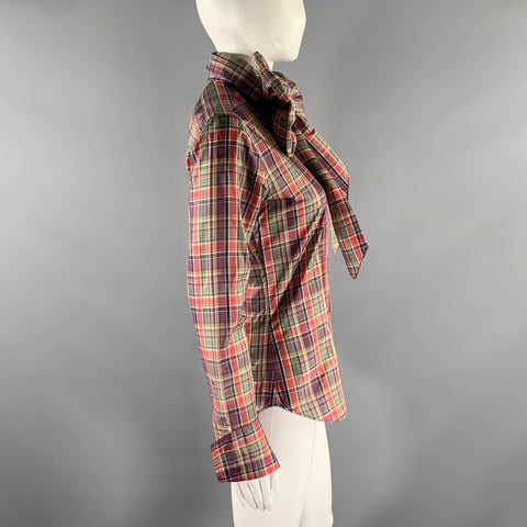 RALPH LAUREN Size 6 Purple Green Silk Plaid Dress Top