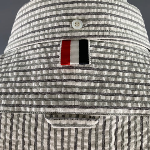 THOM BROWNE Size L White Grey Seersucker Stripe Cotton Club Collar Short Sleeve Shirt