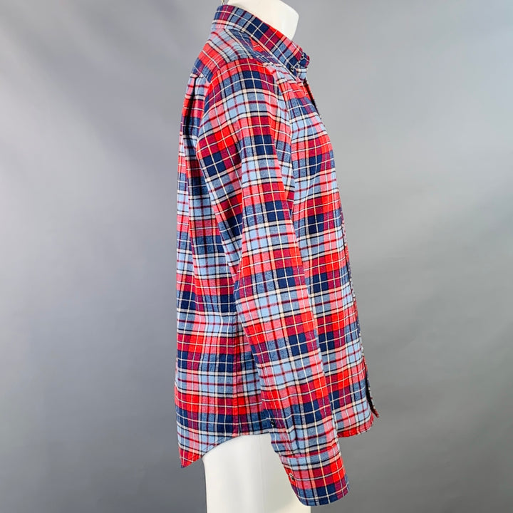 MONCLER Size M Blue Navy Red Plaid Cotton Button Down Collar Long Sleeve Shirt