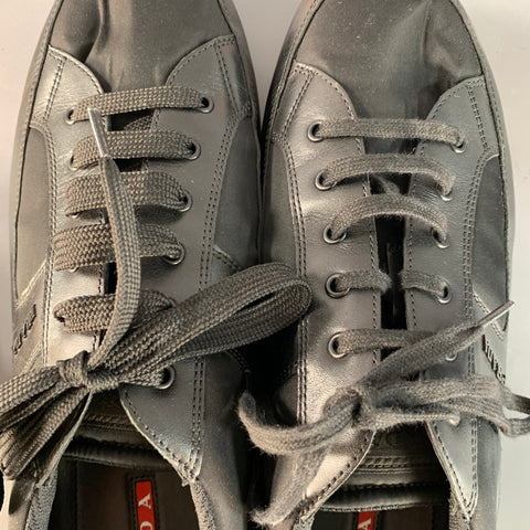PRADA Size 12 Black Nylon Leather Low Top Lace-Up Sneakers