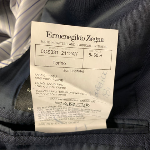 ERMENEGILDO ZEGNA Chest Size 40 Navy Solid Wool Notch Lapel 32 34 Suit