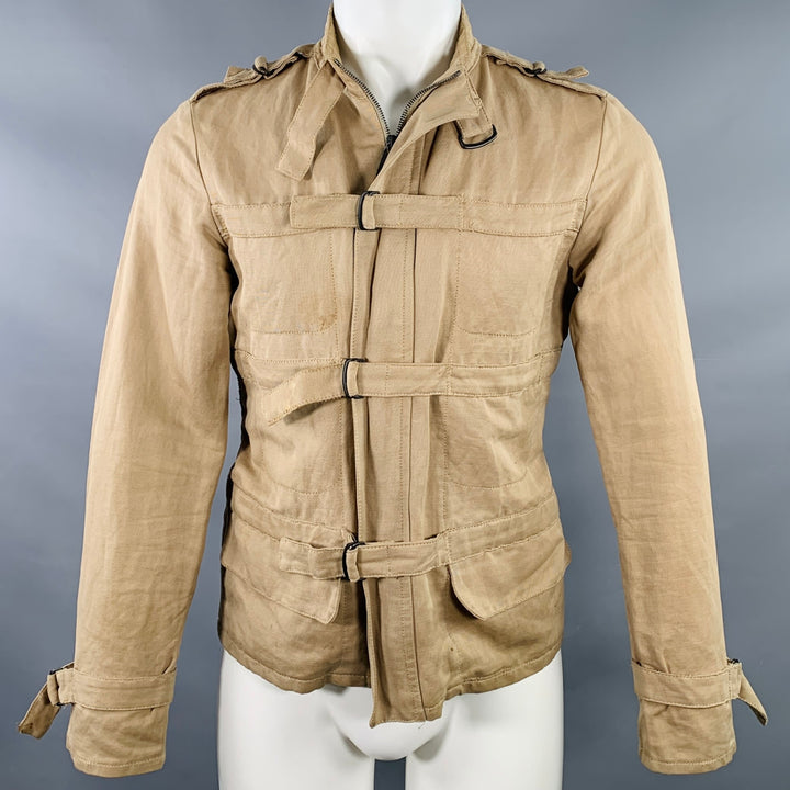 BOTTEGA VENETA Size 40 Khaki Linen Cotton Twill Buckles Zip Up Bondage Jacket