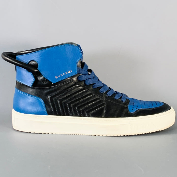 BUSCEMI Size 11 Black Blue Color Block Leather High Top Sneakers
