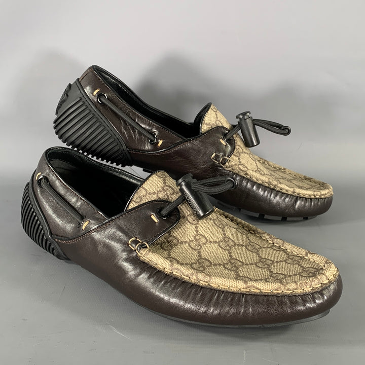 GUCCI Size 9.5 Tan Brown Monogram Leather Drivers Loafers