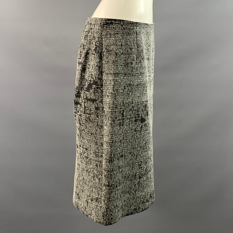PRADA Size 8 Black Grey Linen  Silk Jacquard Pencil Knee Length Skirt