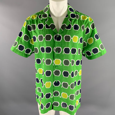 MR TURK Size XL Green Navy White Graphic Cotton Camp Short Sleeve Shirt