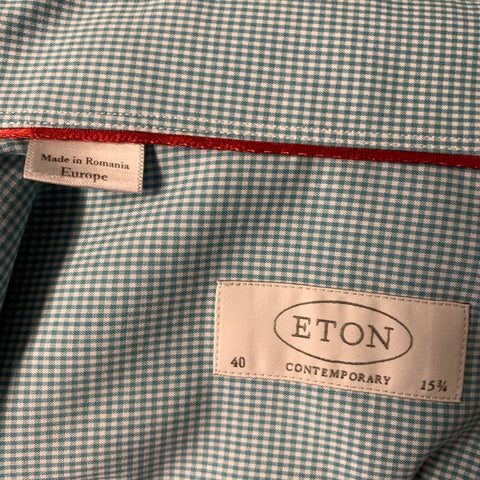 ETON Size 40 Green White Gingham Cotton Button Up Long Sleeve Shirt