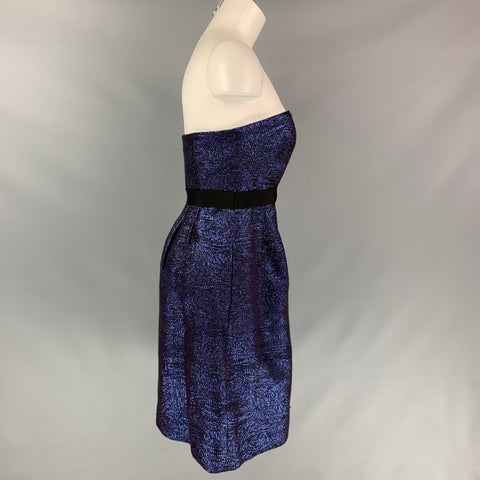 LELA ROSE Size 6 Blue Black Acrylic Blend Woven Strapless Cocktail Dress