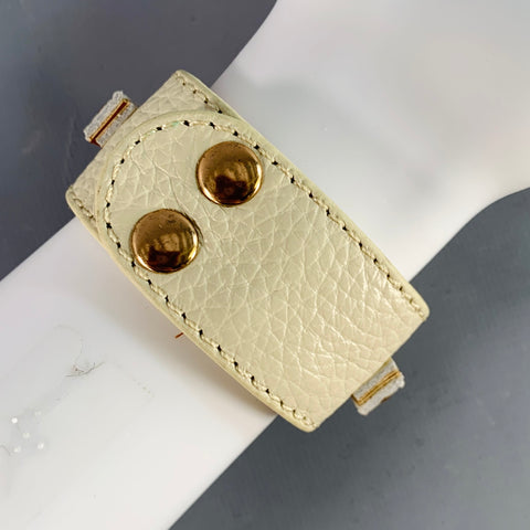 Bracelet manchette VINTAGE en cuir crème et doré avec strass et boutons-pression