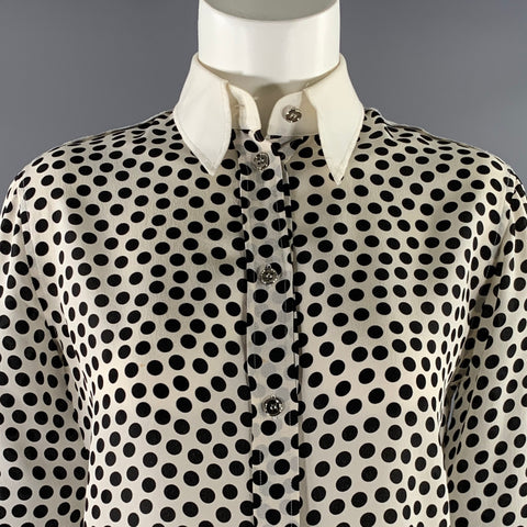 DOLCE & GABBANA Size S White Black Silk Spotted Pointed Collar Dress Top