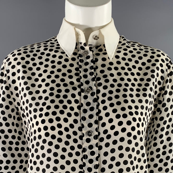 DOLCE & GABBANA Size S White Black Silk Spotted Pointed Collar Dress Top
