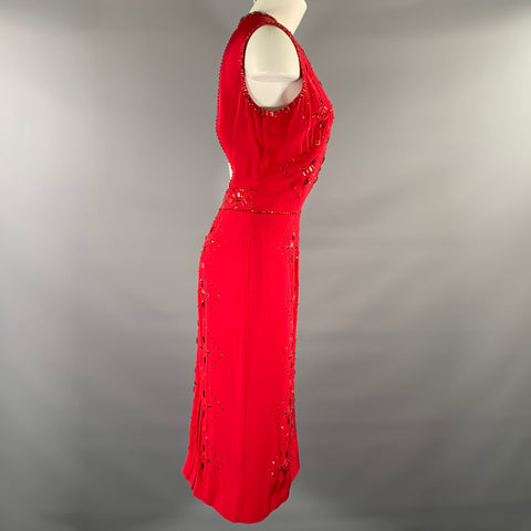JENNY PACKHAM Red Silk Rhinestones Sheath Knee-Length Dress