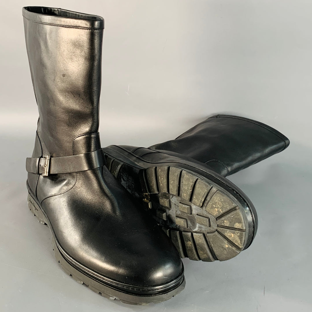 SALVATORE FERRAGAMO Size 12 Black Leather Rubber Sole Engineer Boots