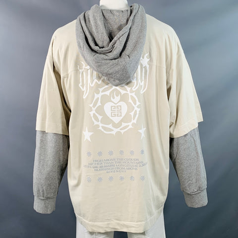 GIVENCHY Size L Cream Grey Jersey Double Layer Hooded Sweatshirt