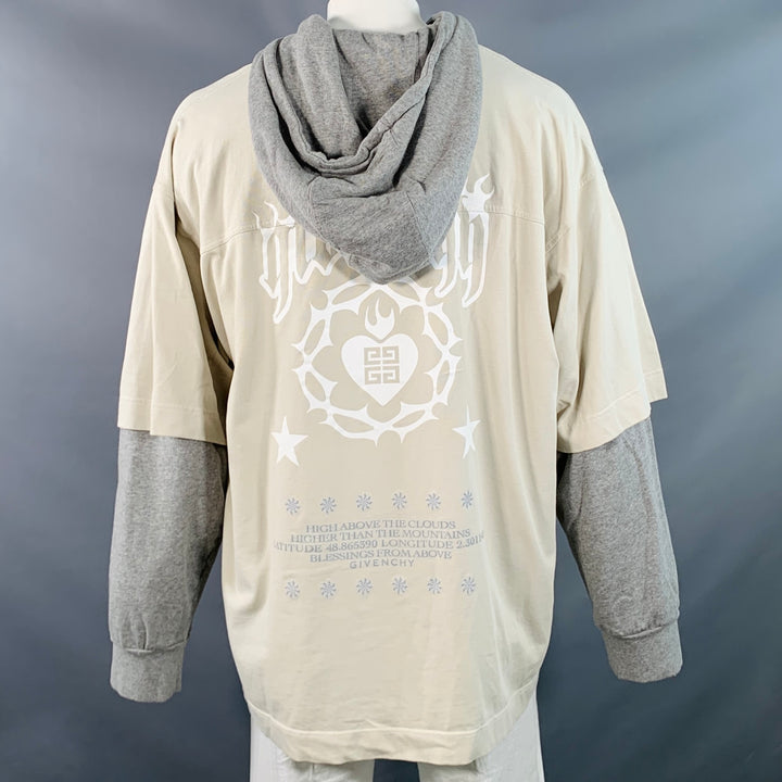 GIVENCHY Size L Cream Grey Jersey Double Layer Hooded Sweatshirt