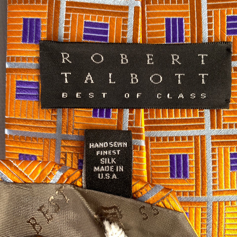 ROBERT TALBOTT Orange Blue & Silver Geometric Silk Tie