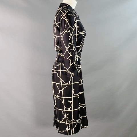 BARNEY'S NEW YORK Size 4 Navy White Silk Twill Geometric Belted Shirt Dress