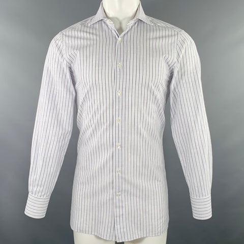 100 HANDS Size M White Blue Stripe Cotton Spread Collar Long Sleeve Shirt
