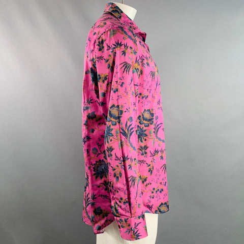 ETRO Size XL Magenta Orange Green Floral Cotton Button Up Long Sleeve Shirt