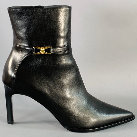 CELINE Size 11 Verneuil Triomphe Black Leather Pointed Toe Stiletto Boots