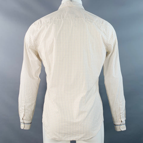 PRADA Size S White Multi Color Checkered Cotton Point Collar Long Sleeve Shirt