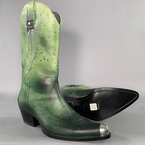 CALVIN KLEIN Size 12.5 Green Black Paint Splatter Leather Knee Length Boots