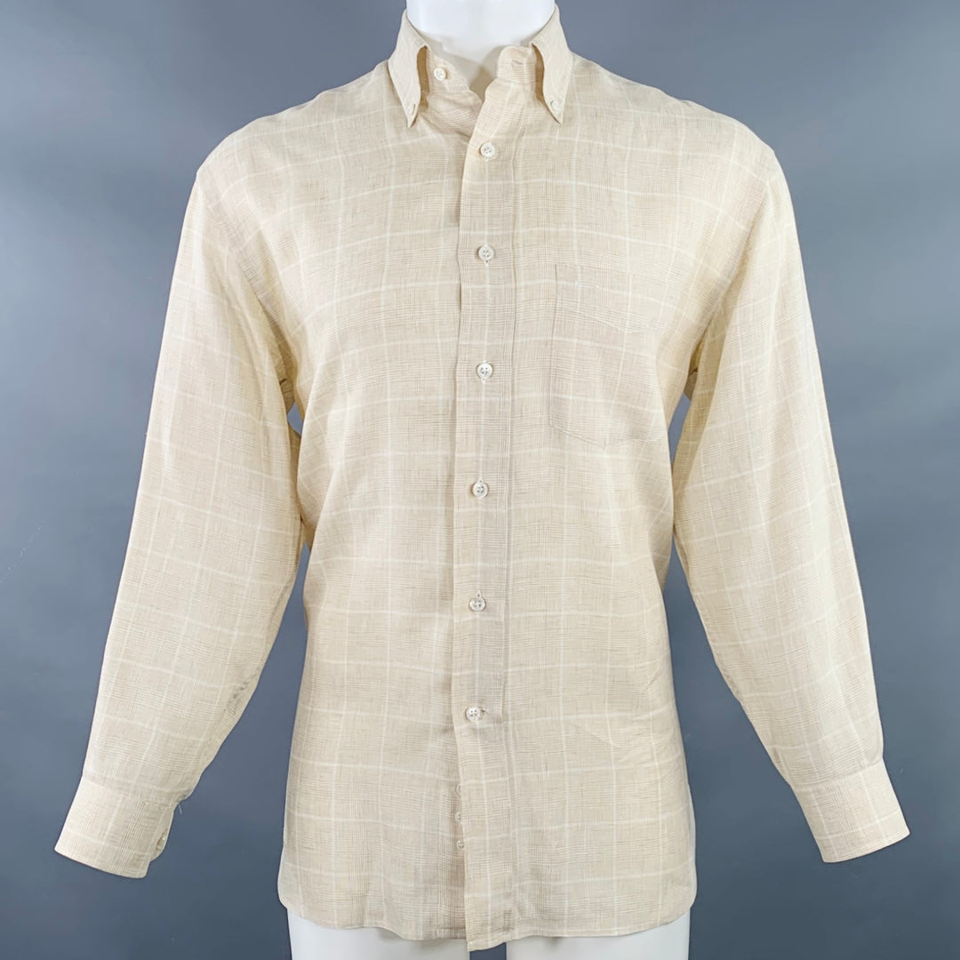 FACONNABLE Size S Beige White Window Pane Linen One Pocket Long Sleeve Shirt FACONNABLE Size S Beige White Window Pane Linen One Pocket Long Sleeve Shirt
