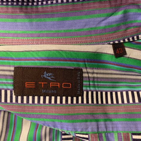 ETRO Size L Green Mixed Stripe Cotton Long Sleeve Shirt