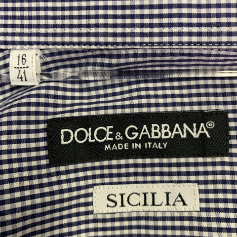 DOLCE & GABBANA Size M Navy White Gingham Cotton Blend Long Sleeve Shirt