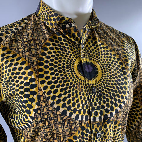 BURBERRY Size XS Gold Black Ankara Cotton Long Sleeve Shirt
