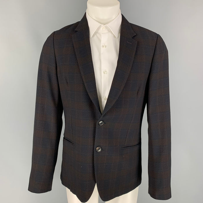 PAUL SMITH Soho Fit Talla 40 Abrigo deportivo regular con solapa de muesca de lana a cuadros marrón y azul marino